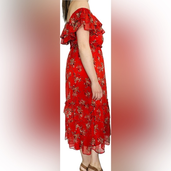Zara Off-Shoulder Chiffon Floral Midi Dress size M - Picture 4 of 11